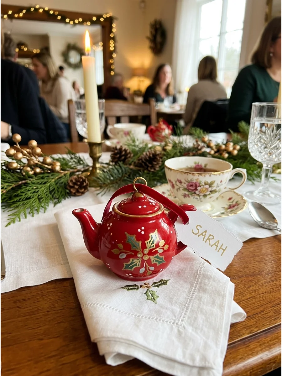 A red teapot ornament with a guest's name on a tag, used as a place card on a napkin.