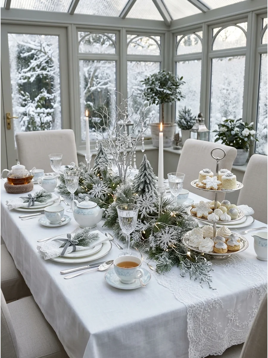 A winter wonderland themed tea table with silver and white decorations in a sunroom.