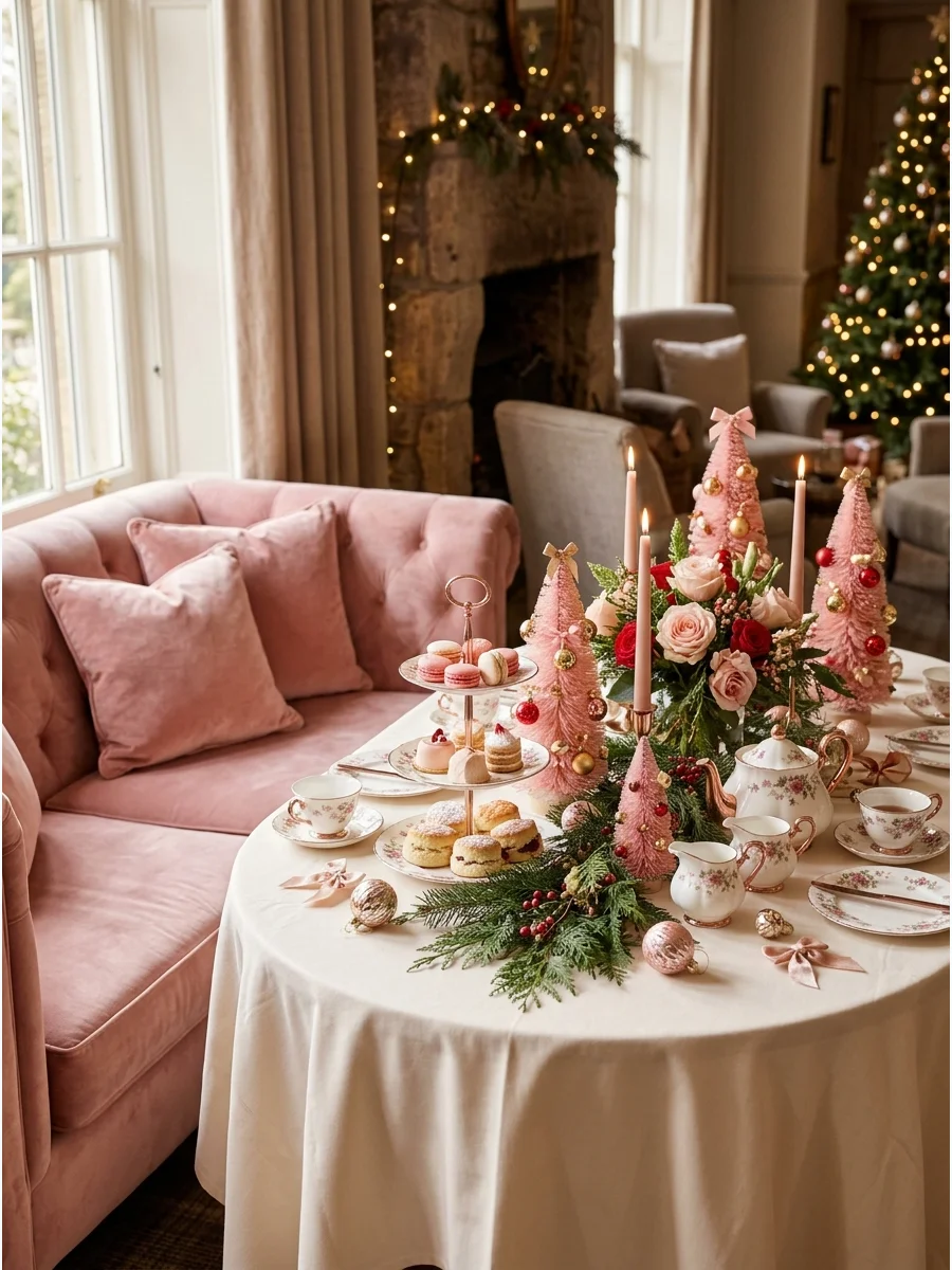 A feminine pink and rose gold Christmas tea setup in a hotel lounge.