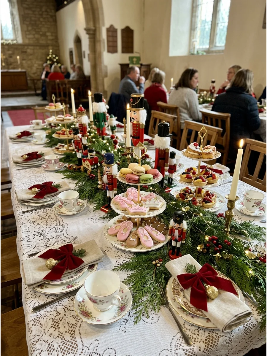 A Nutcracker themed tea party table with toy soldiers and red accents.