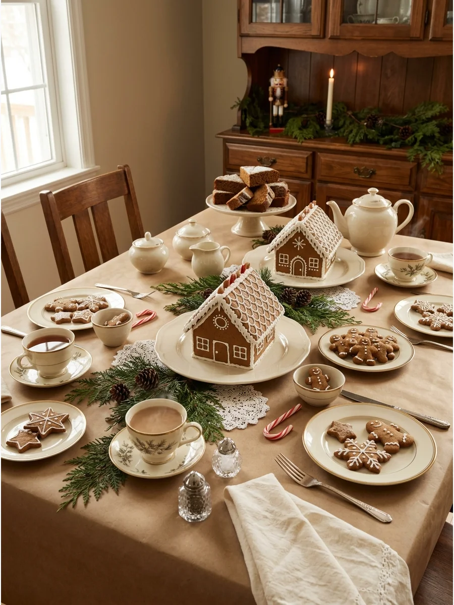 A gingerbread themed tea table with edible houses and spicy tea treats.
