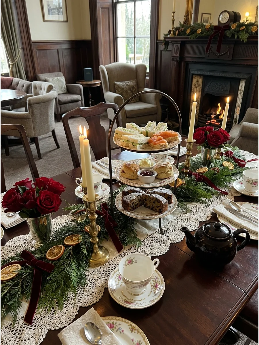A Victorian style tea service with brass accents and dark red linens.