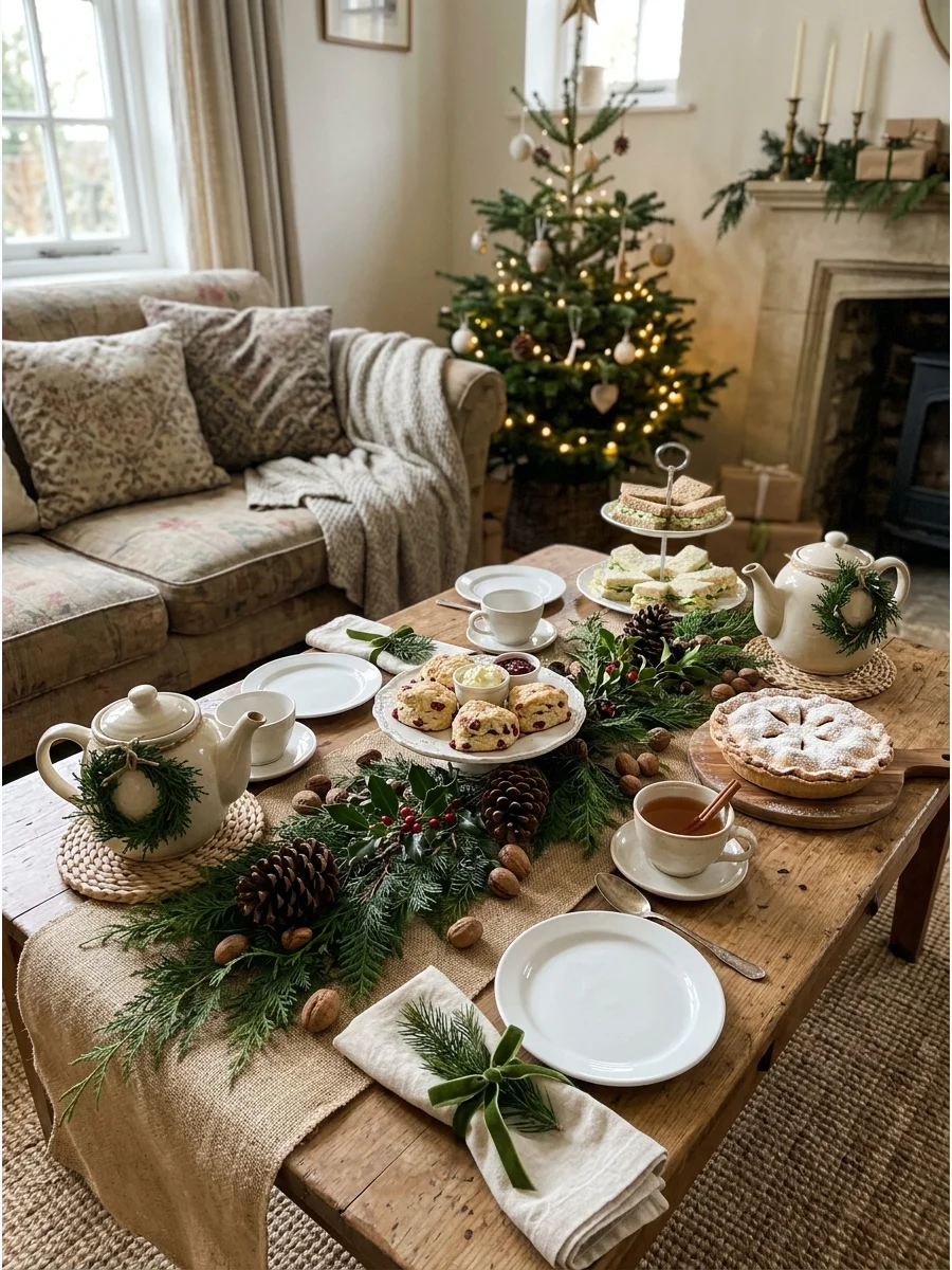 A rustic farmhouse tea setup with natural greenery and wooden elements.