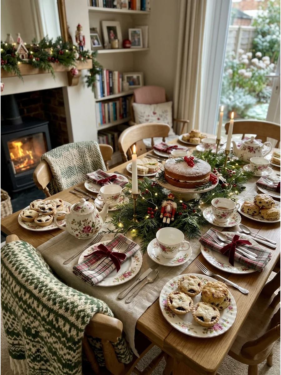 A cozy cottage style tea party with knitted accents and floral china.