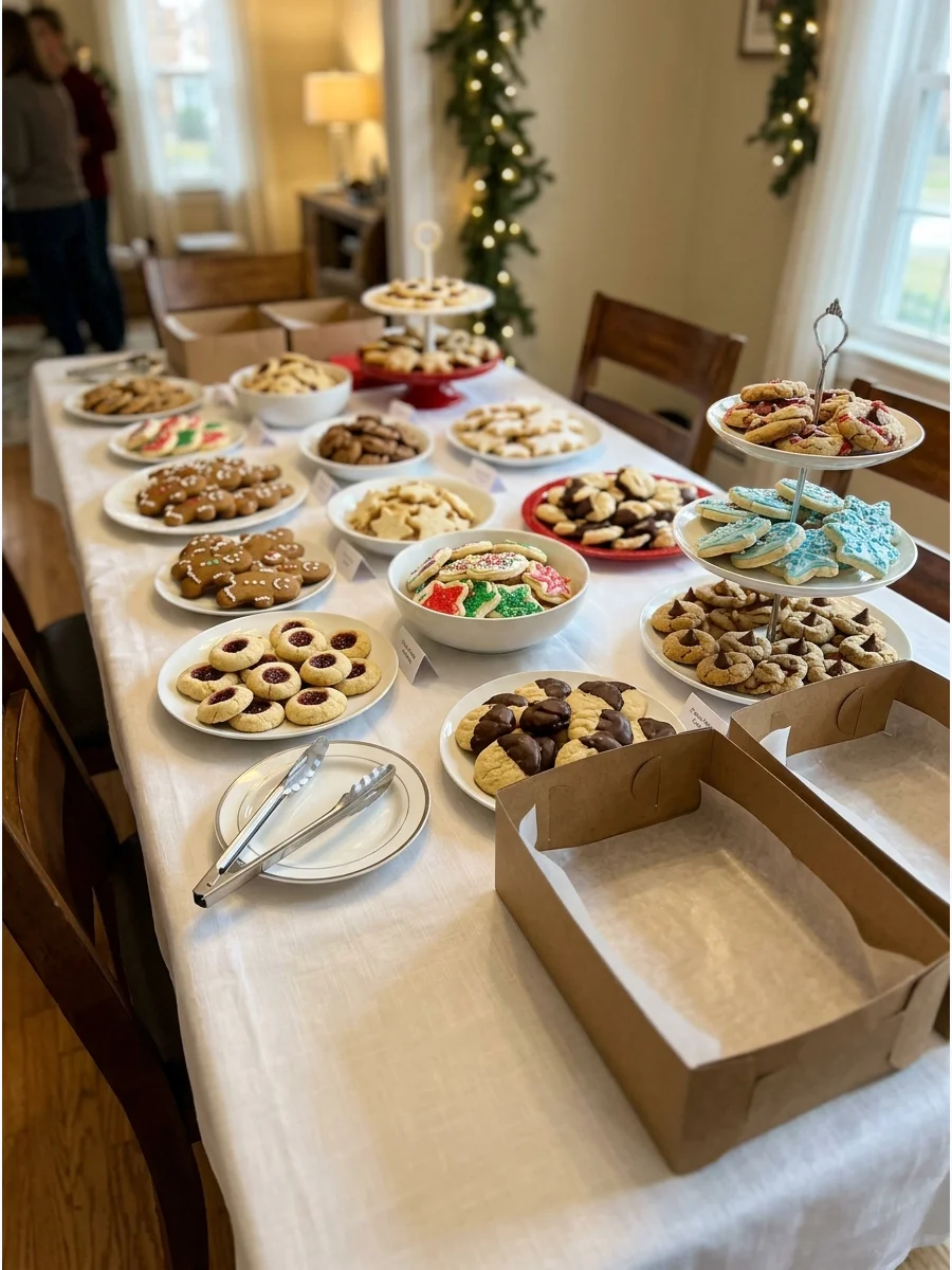 A long dining table filled with different types of Christmas cookies on white platters.