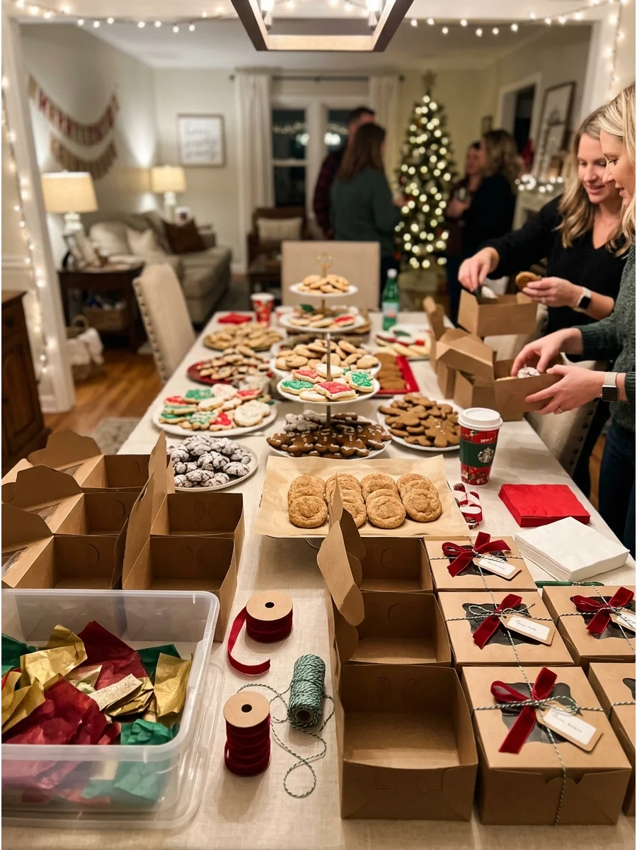 A dining table with cookie platters and a stack of decorated take-home boxes.