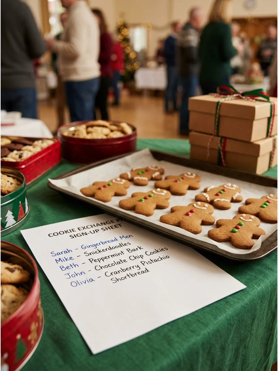 A of a paper sign-up sheet on a table with a tray of cookies.