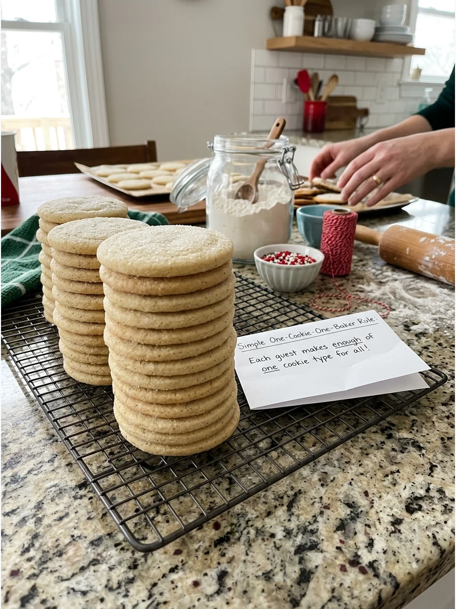 A neat stack of sugar cookies on a cooling rack in a kitchen.