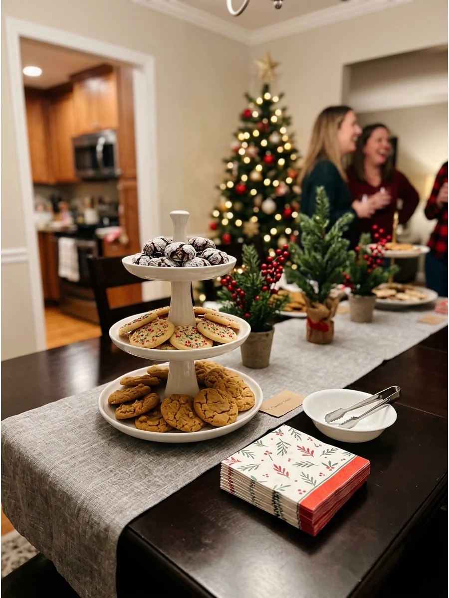 A tiered serving tray filled with different cookies on a dining table.