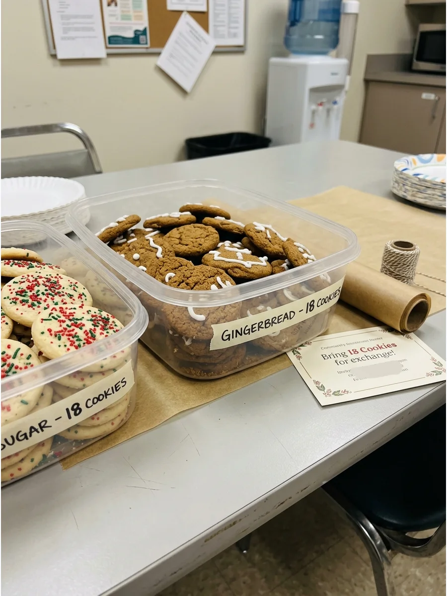 Plastic containers of cookies arranged on a long table in an office.