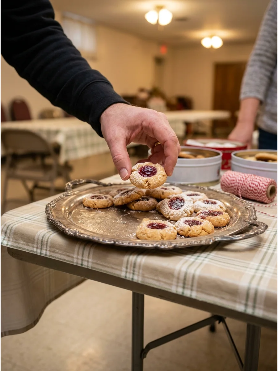 A hand placing a jam-filled cookie onto a silver serving tray.