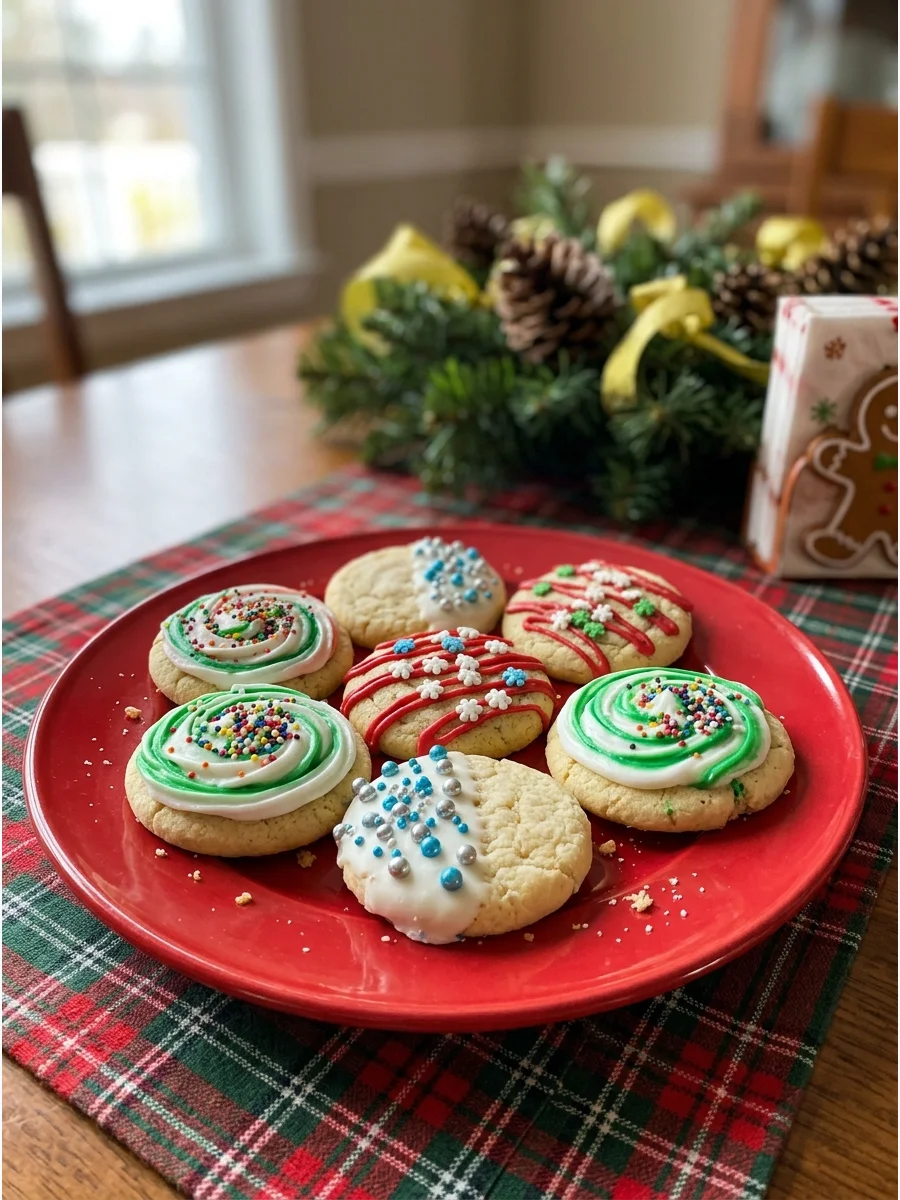 A red plate filled with round cookies decorated with bright icing.