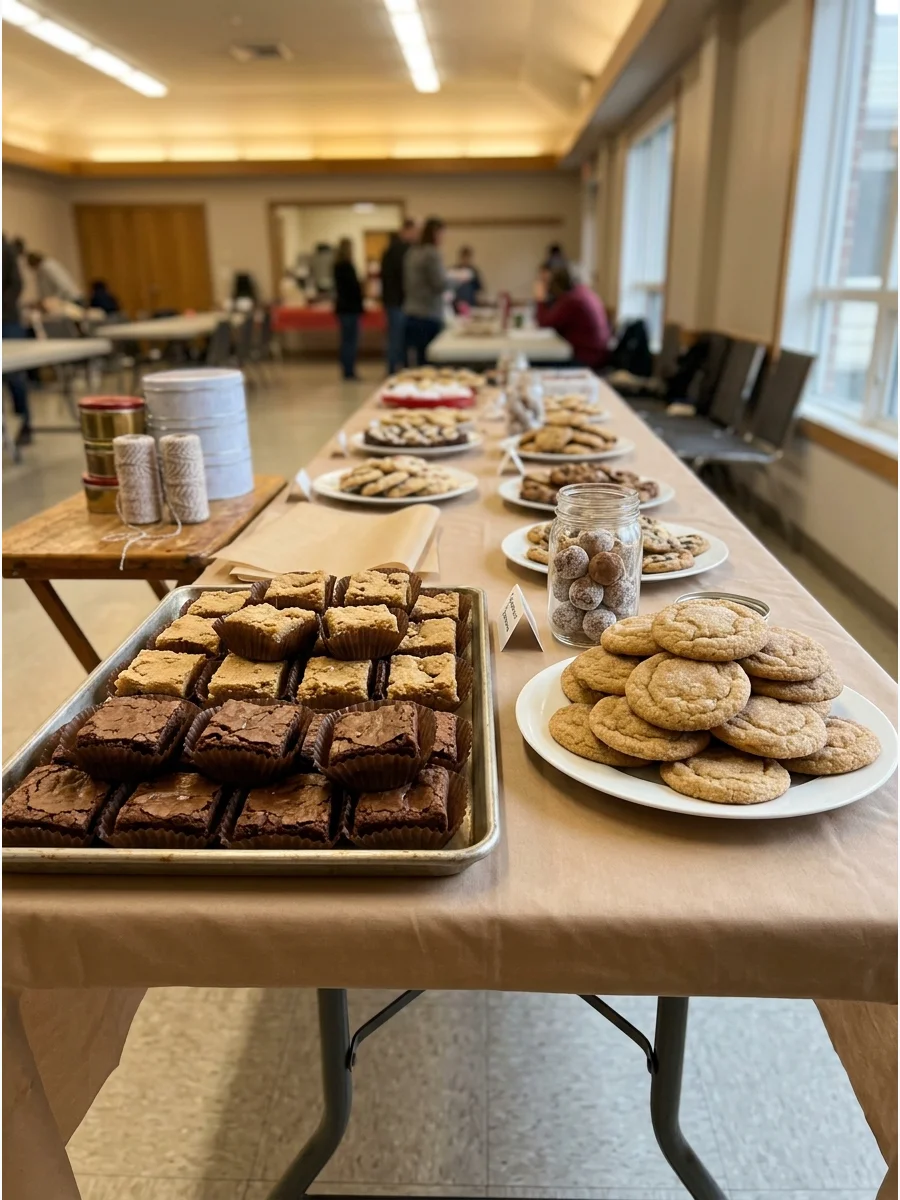 A mix of square brownies and round cookies on a large serving tray.