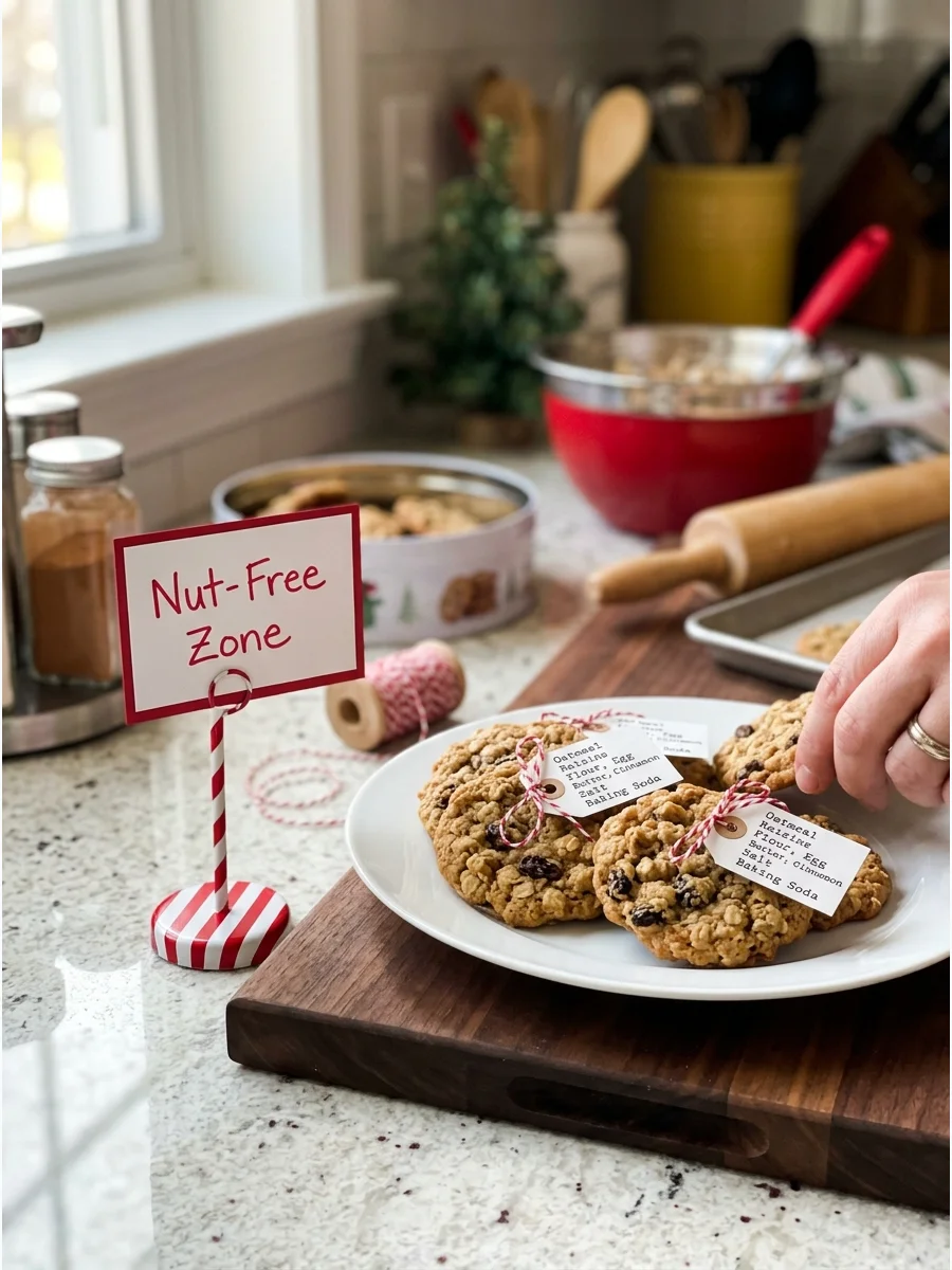 A small sign next to a plate of cookies on a kitchen counter.