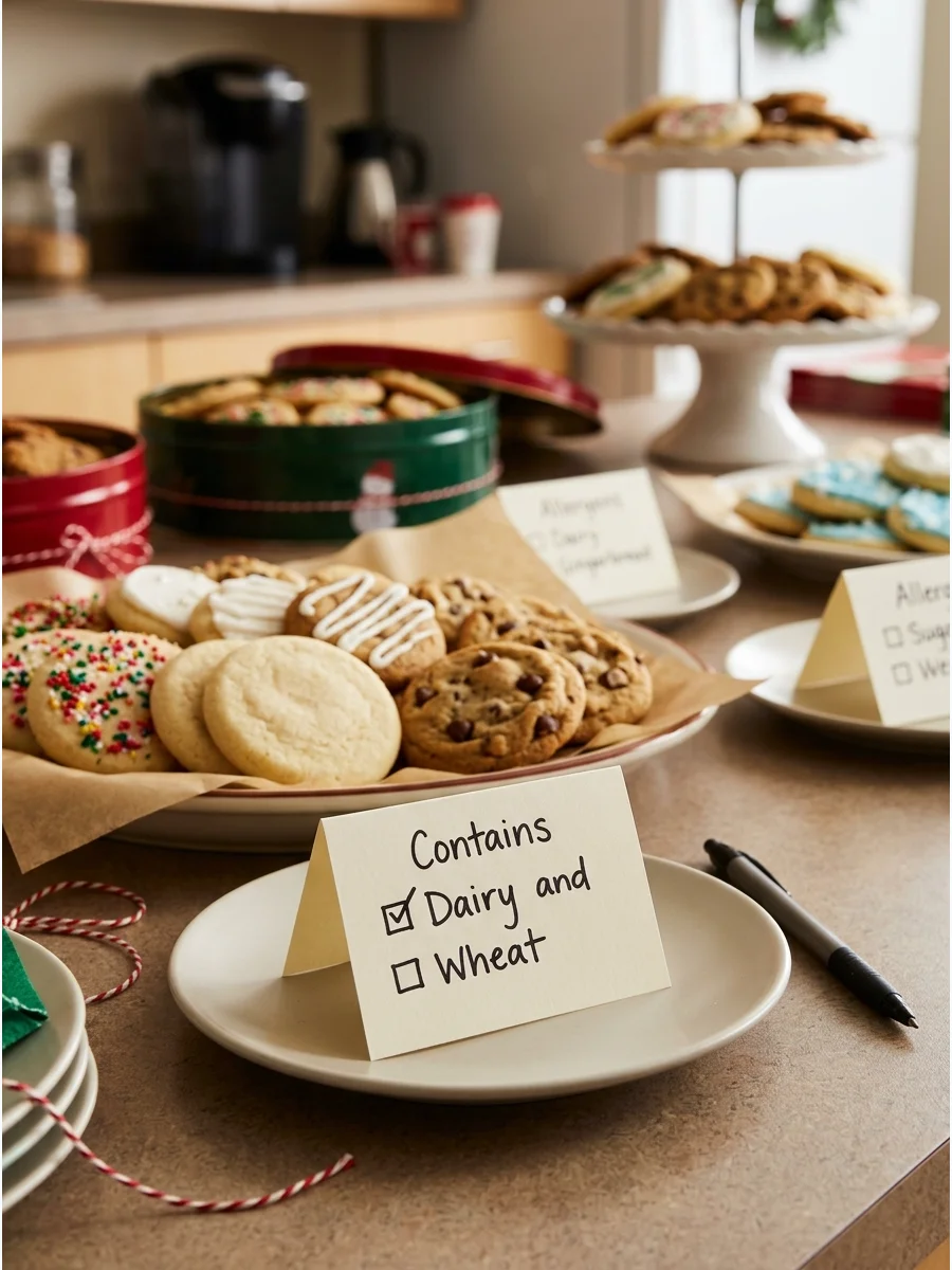 An allergen label card standing in front of a plate of cookies.