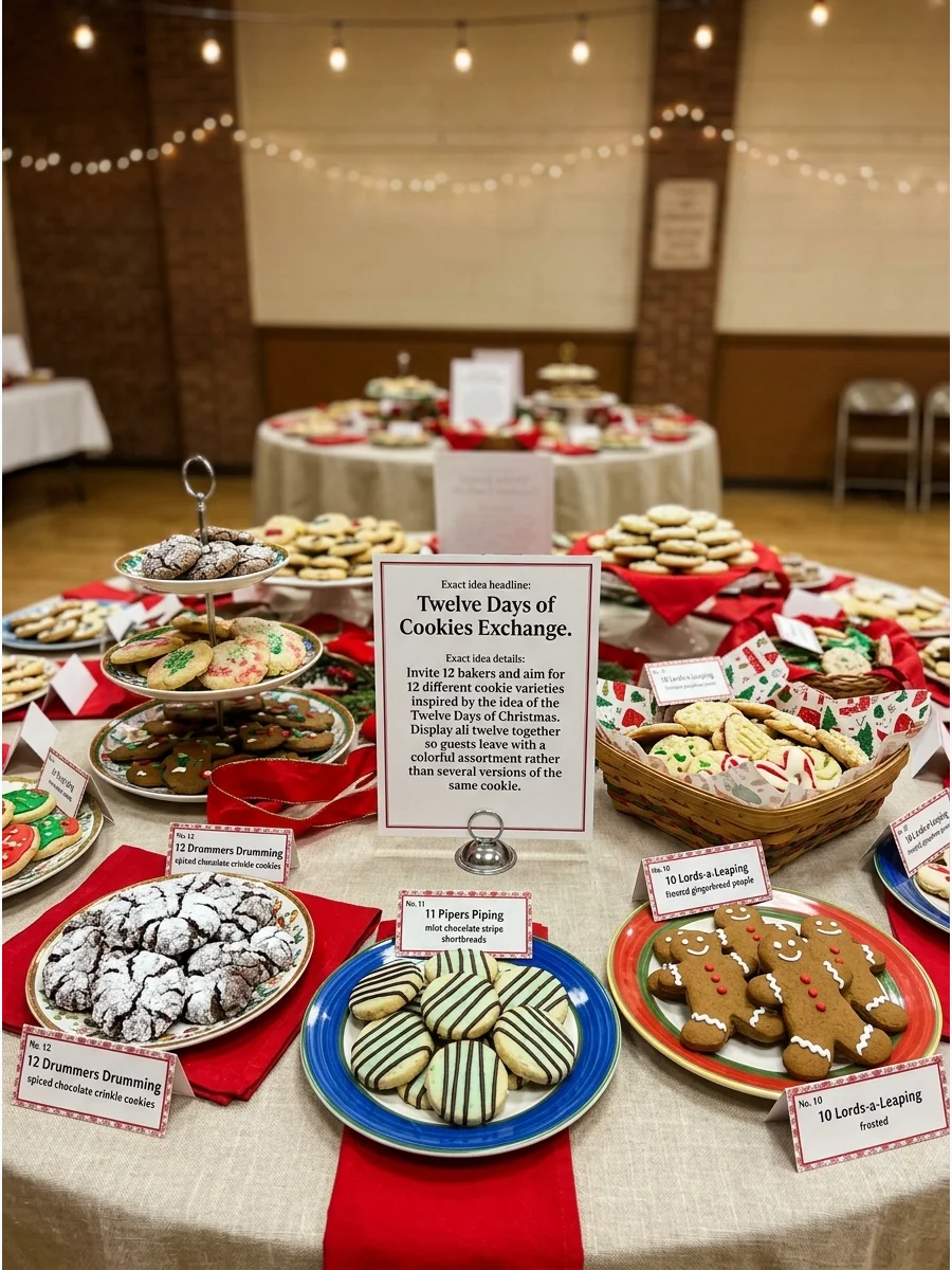 Twelve different cookie varieties arranged in a circle on a large decorated table.
