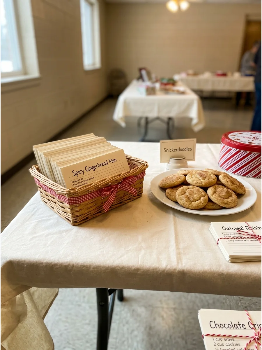 A basket of printed recipe cards next to a plate of cookies.