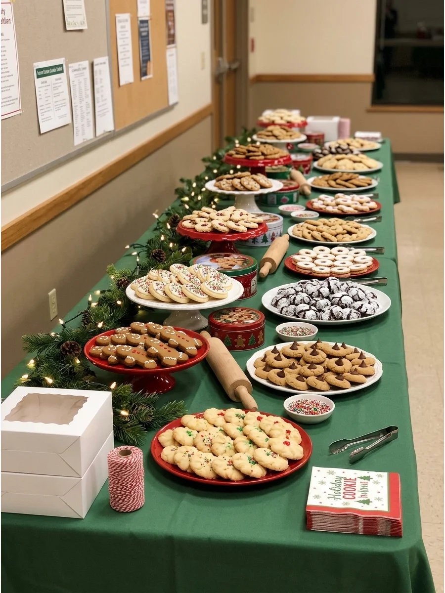 A long buffet table with various cookie platters arranged in a straight line.