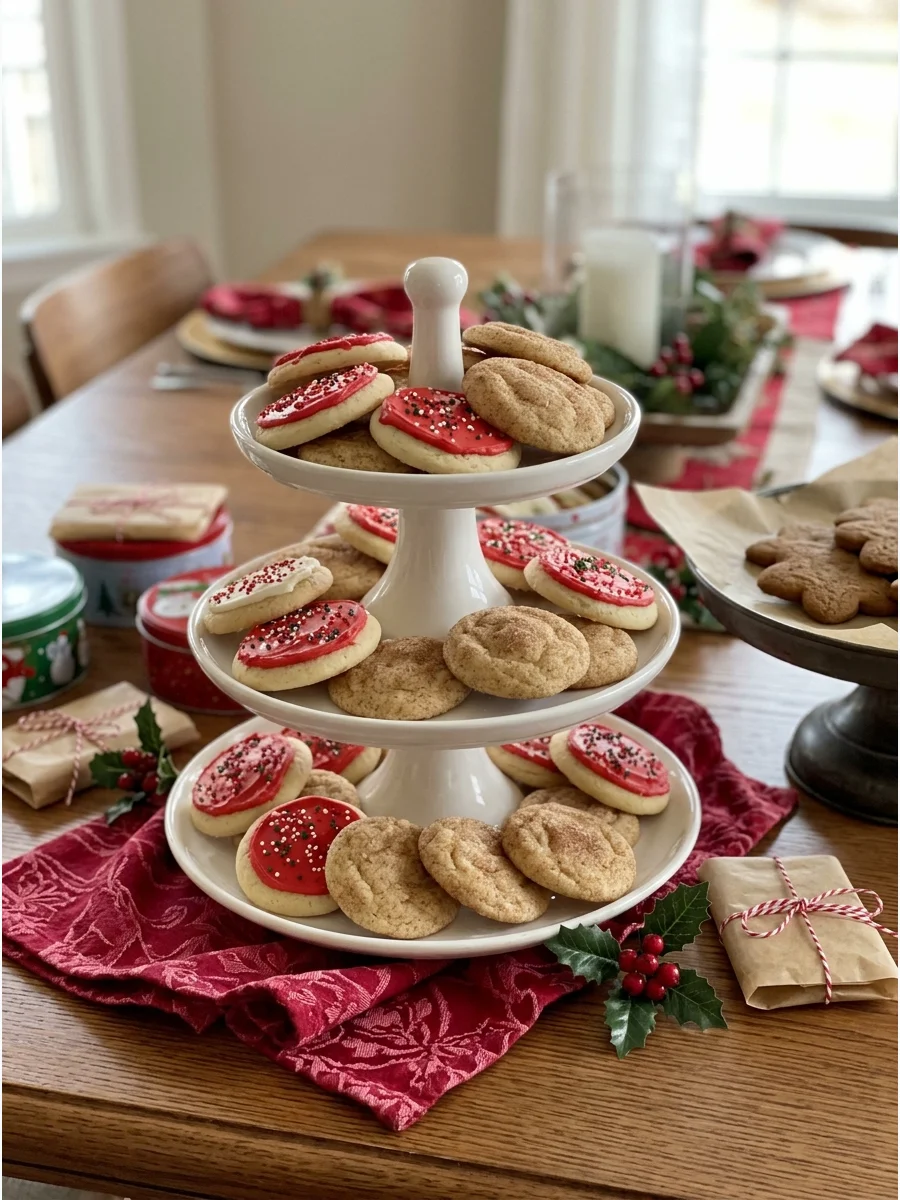 Tiered white ceramic stands holding different types of holiday cookies.