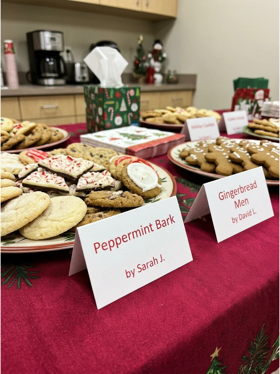 A of a printed name card next to a plate of chocolate cookies.