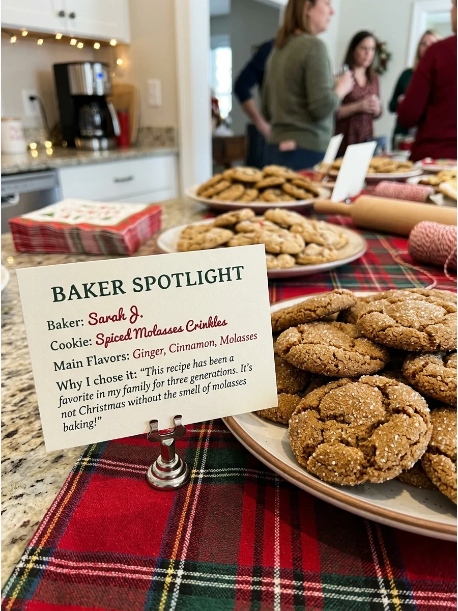A personalized baker card standing next to a platter of gingerbread cookies.
