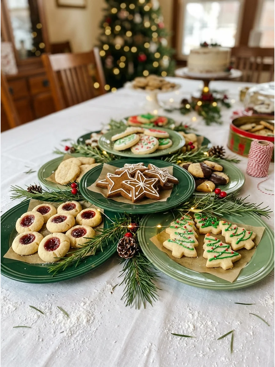 Green plates arranged in a triangle shape to mimic a Christmas tree on a table.