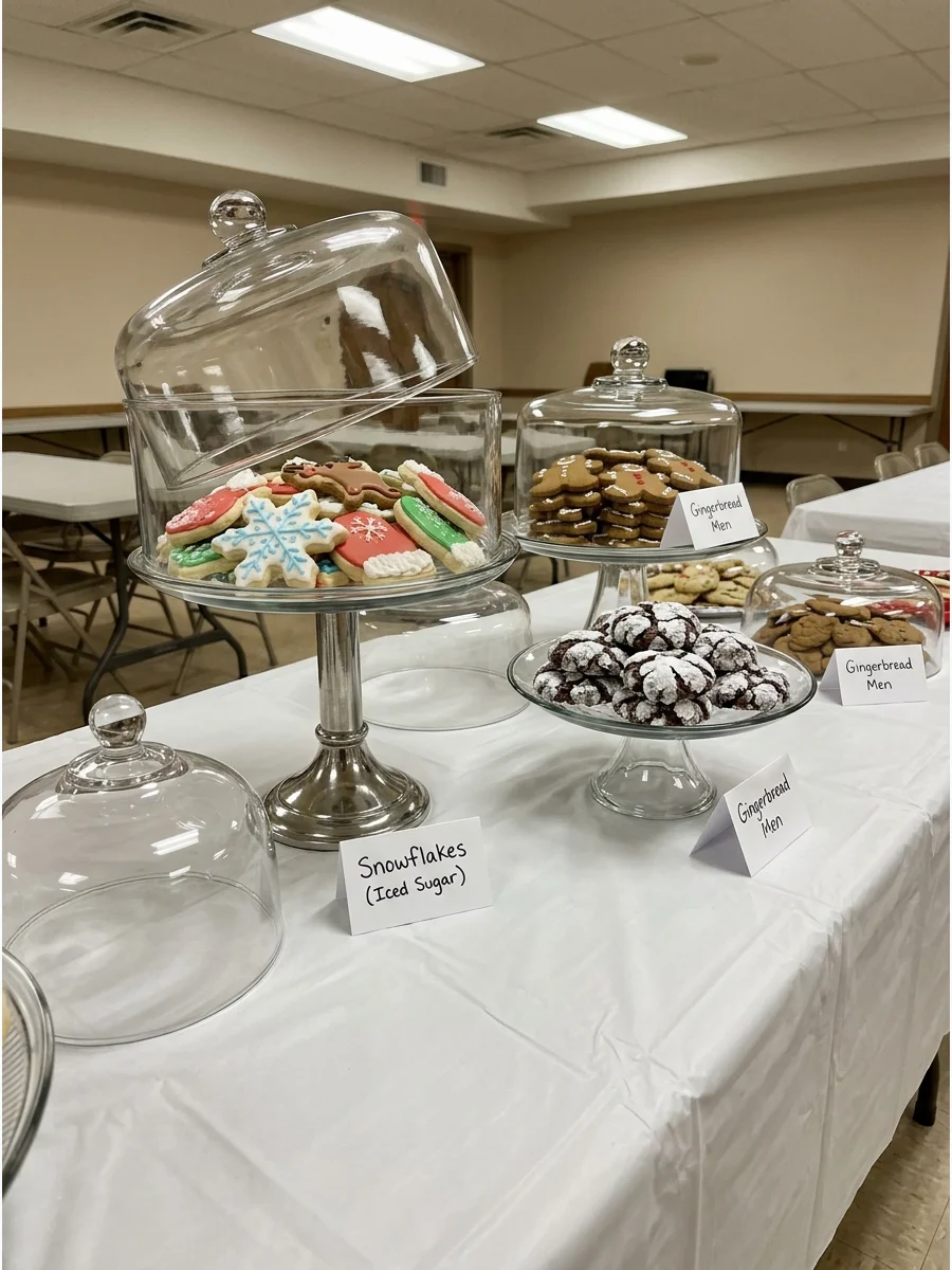 Elegant glass cake stands at different heights filled with decorated cookies.