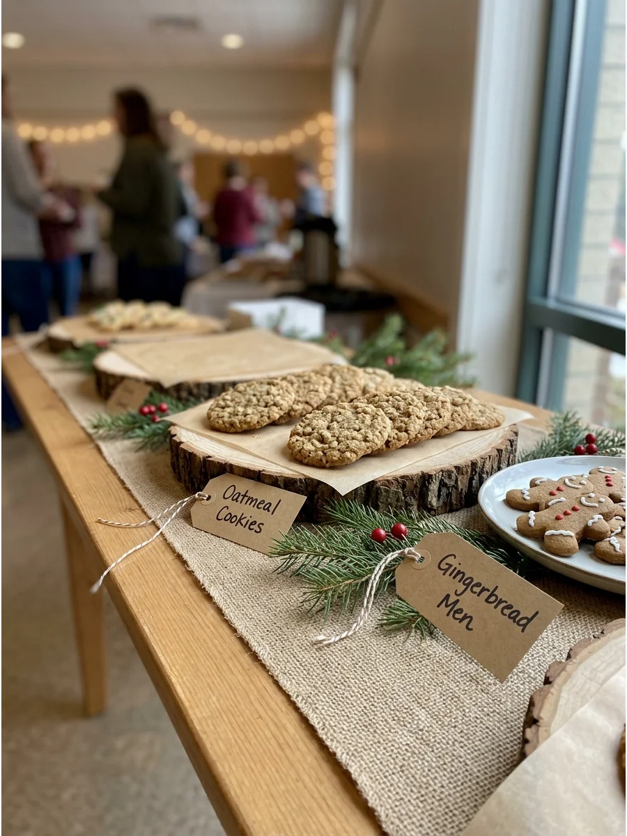 Wooden slabs and burlap used to display rustic holiday cookies.
