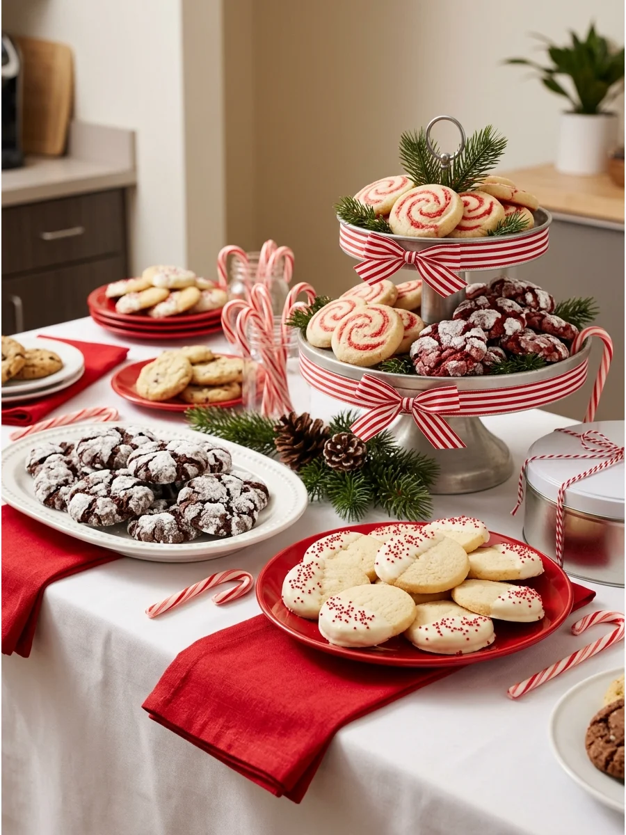 A festive red and white themed cookie display table.