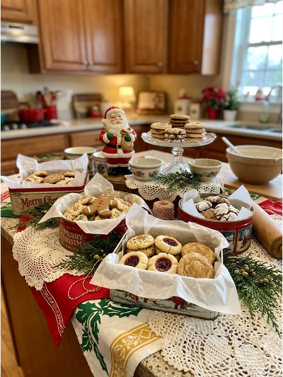 Vintage holiday tins and lace doilies used as a cookie display.