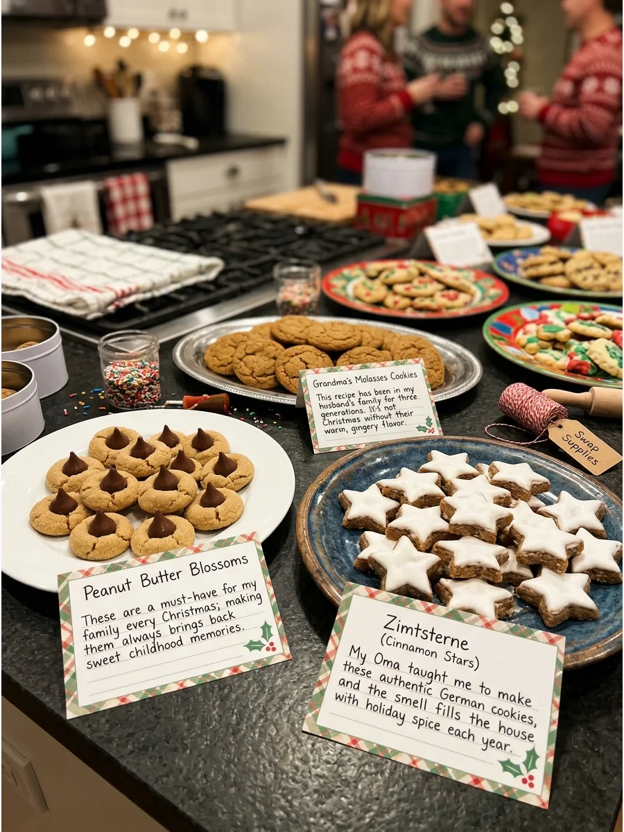 Platters of cookies on a kitchen island with small cards explaining the family history of each recipe.