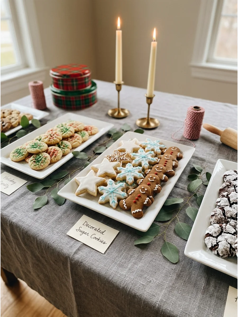 A clean and minimal cookie display with white plates and green leaves.