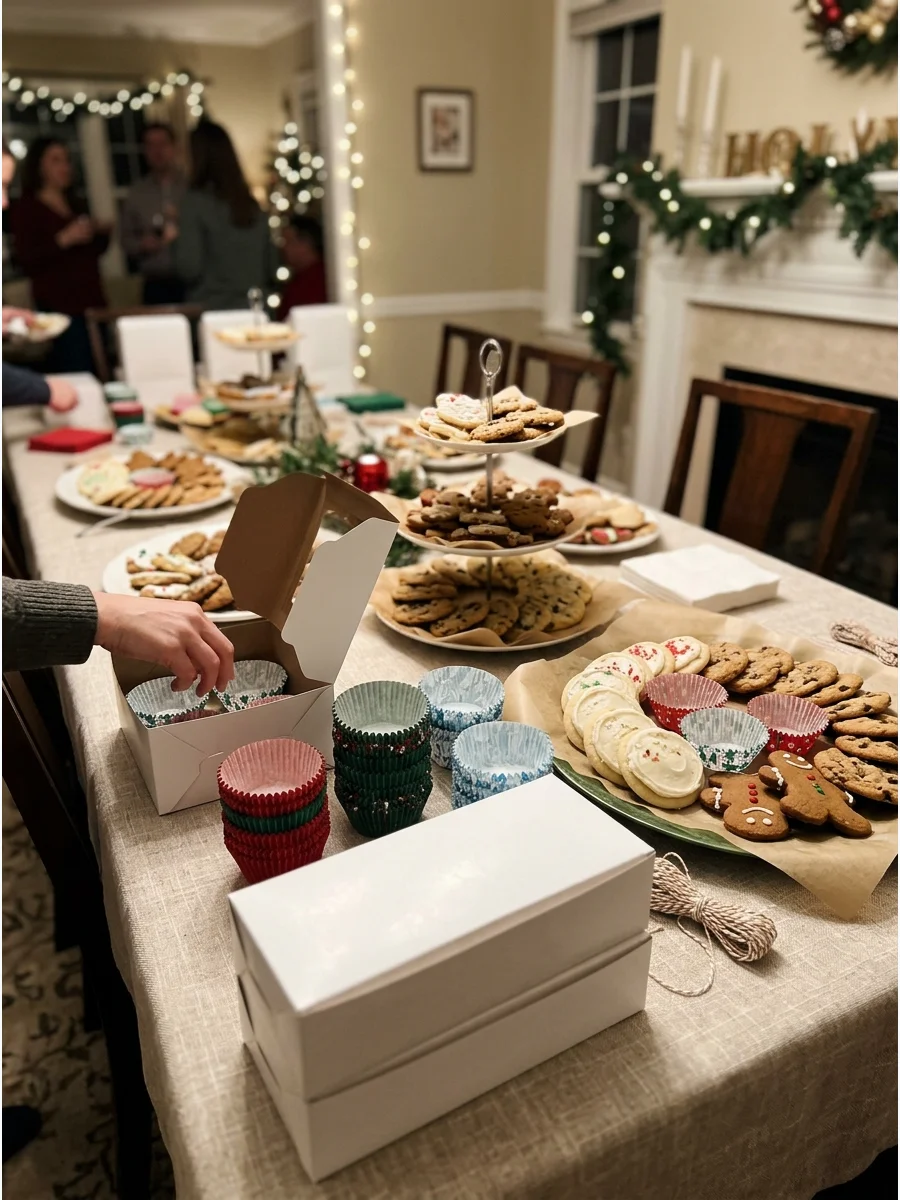 A build your own cookie box station on a dining table.