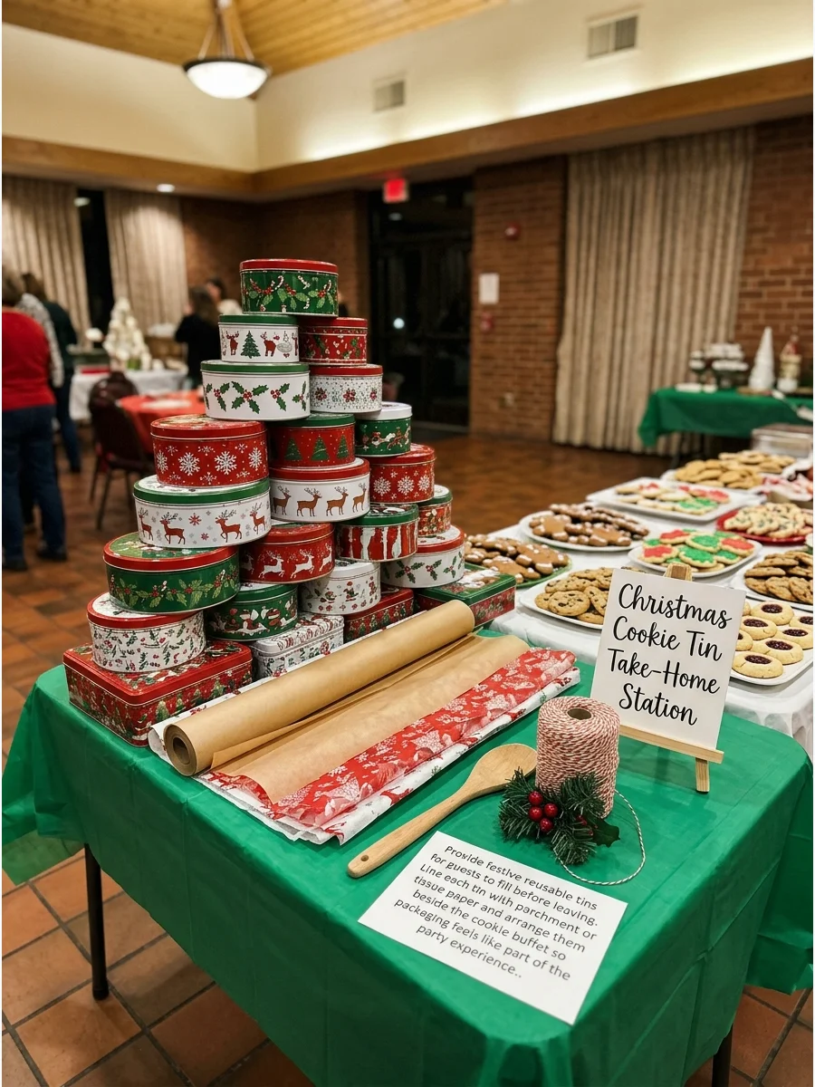 Stacks of festive metal cookie tins on a community center table.