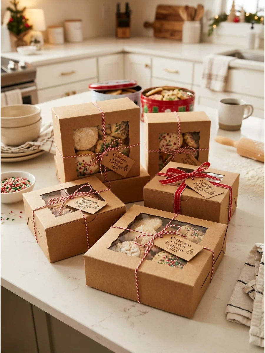 Kraft bakery boxes tied with red twine on a kitchen counter.