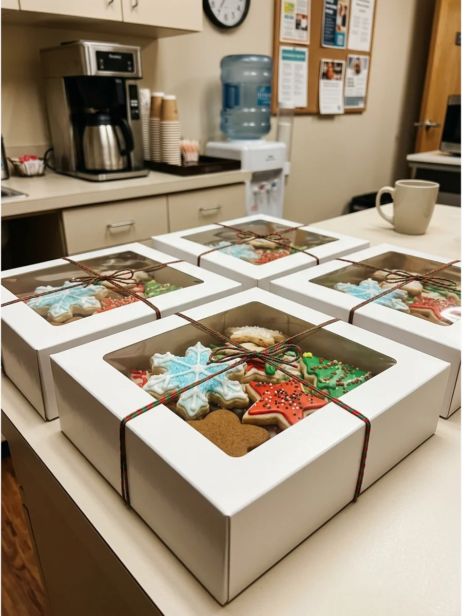 Clear window cookie boxes filled with holiday treats.