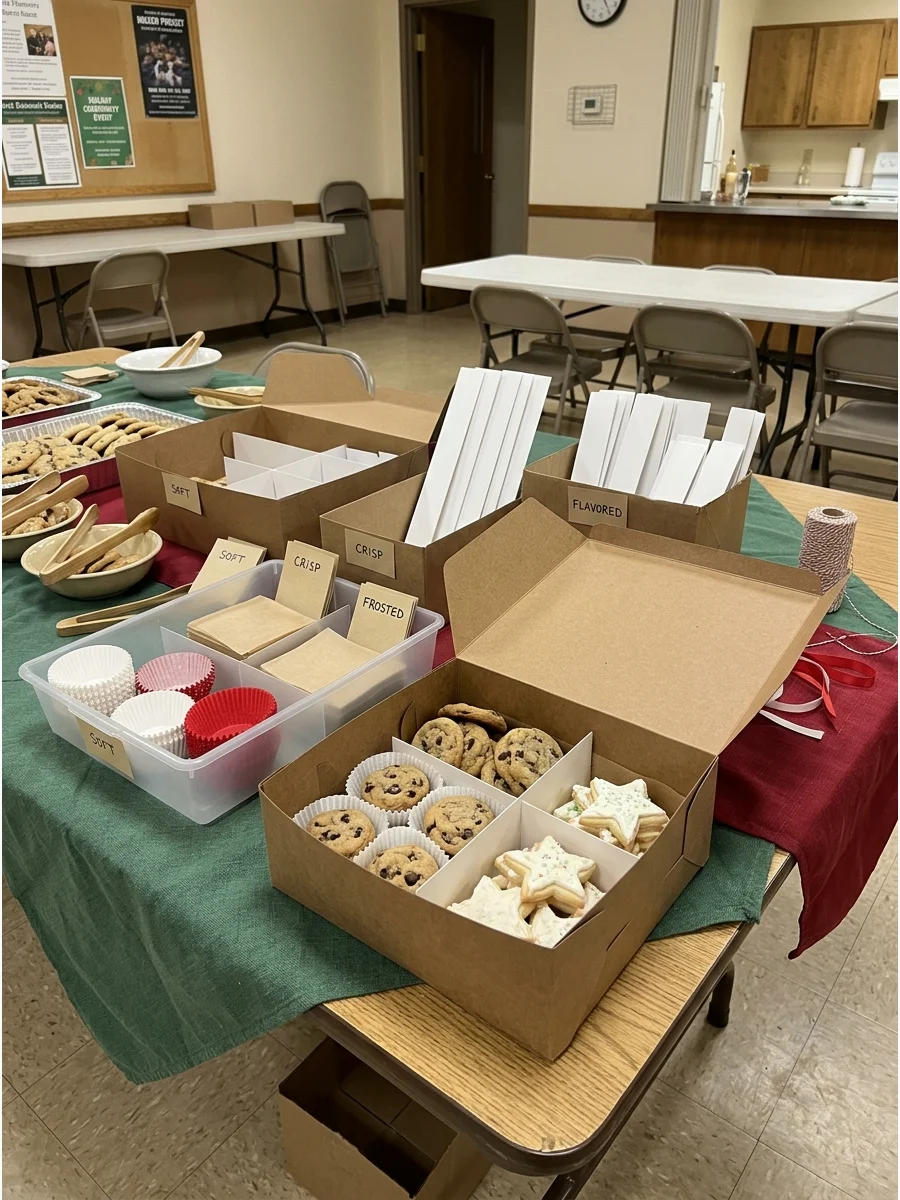 A station with cookie box dividers and muffin liners.