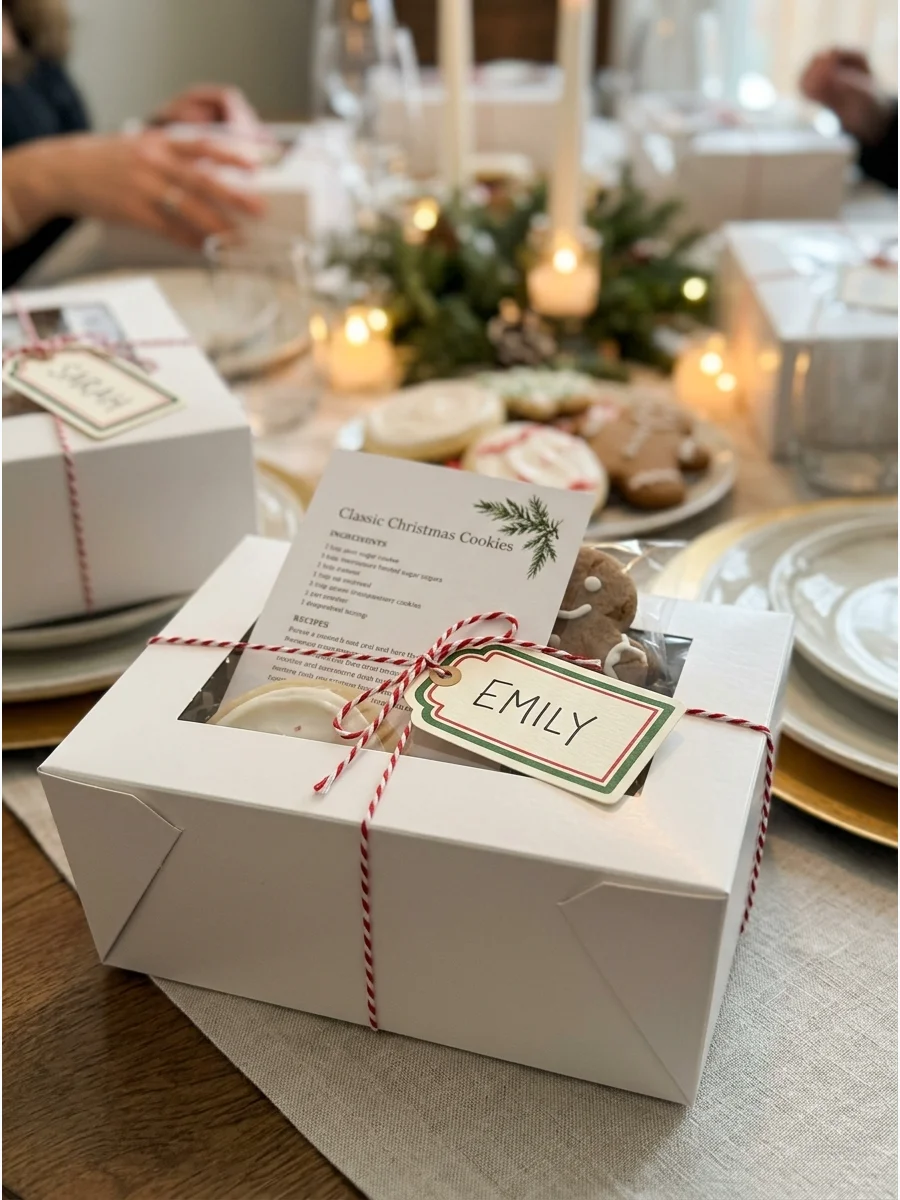 Personalized cookie boxes at a holiday table setting.