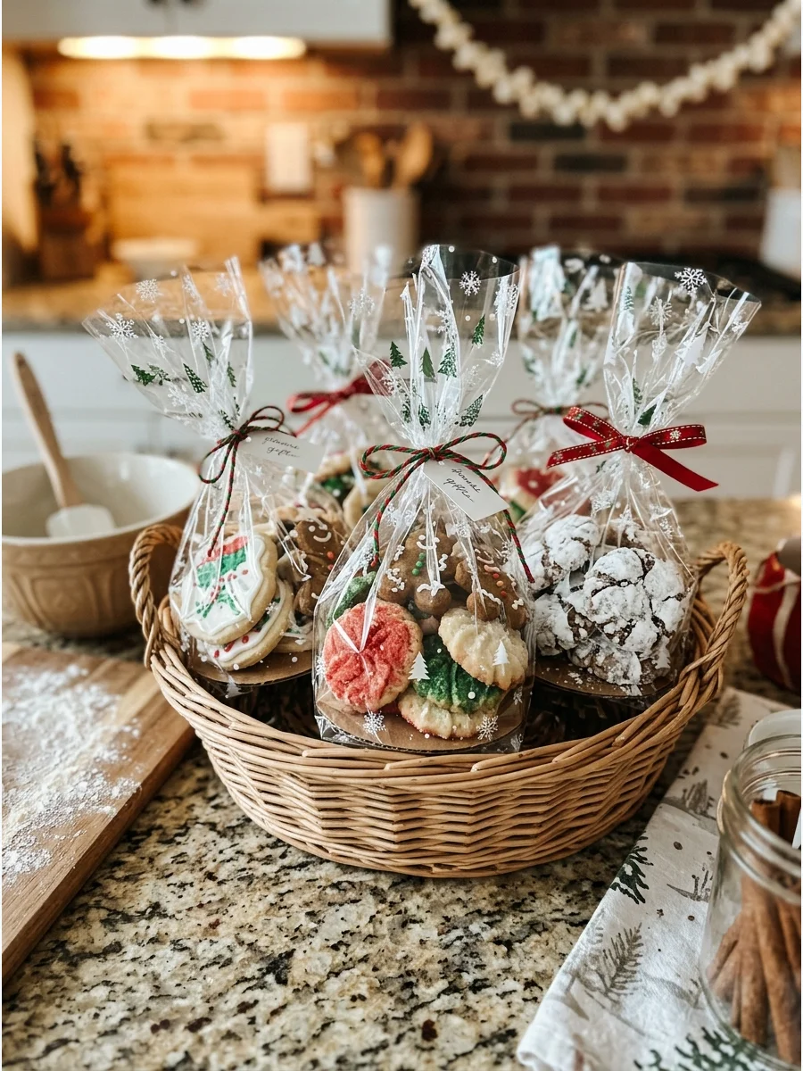 Cellophane cookie bags tied with ribbons in a basket.