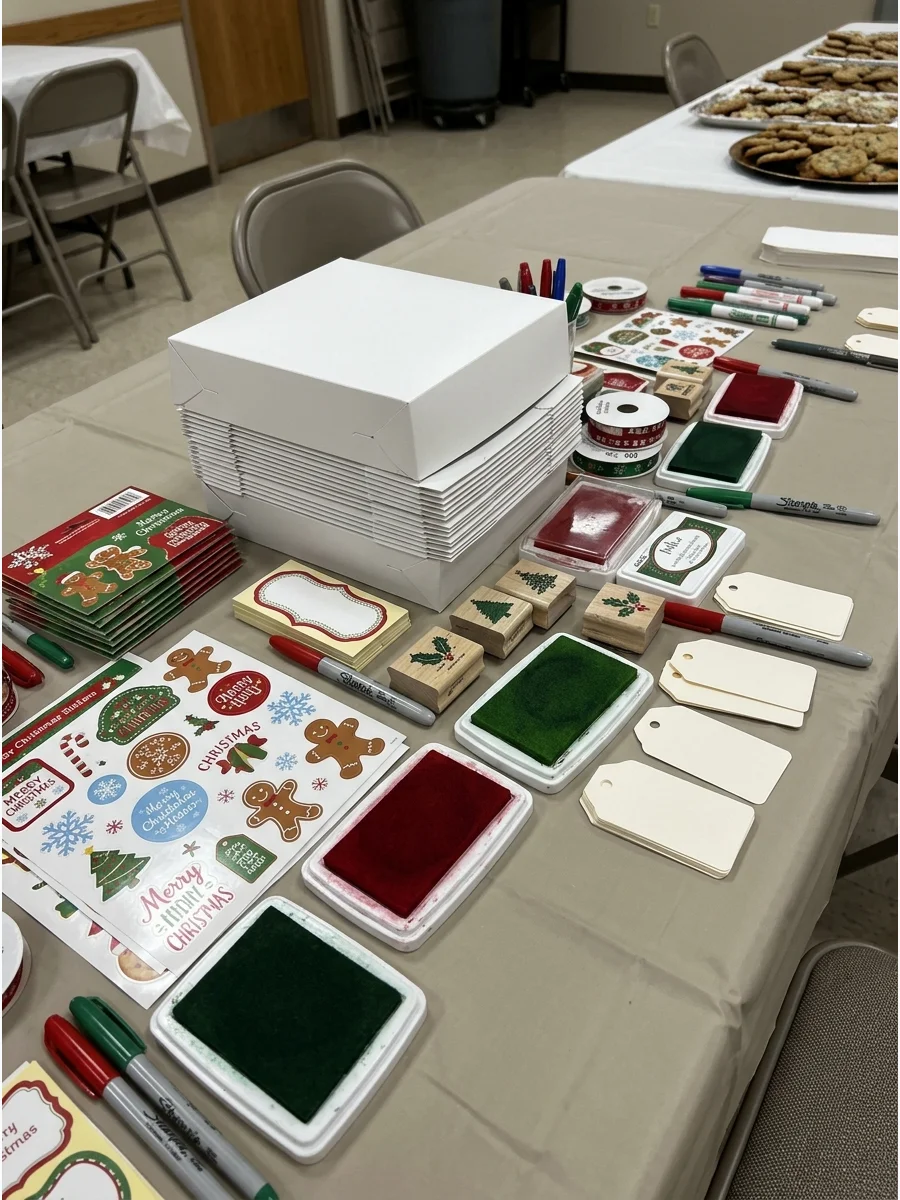 A decorating station for cookie boxes with stamps and stickers.