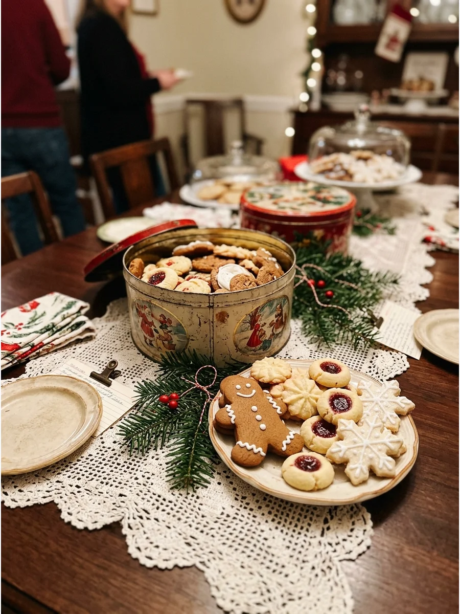 Retro holiday cookie display featuring vintage tins and traditional Christmas treats.
