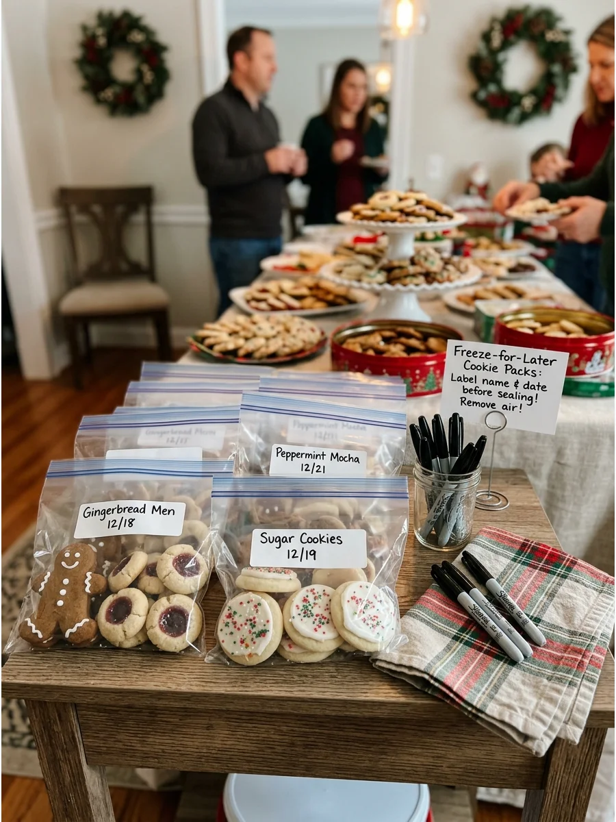 A station with freezer bags and labels for storing cookies.