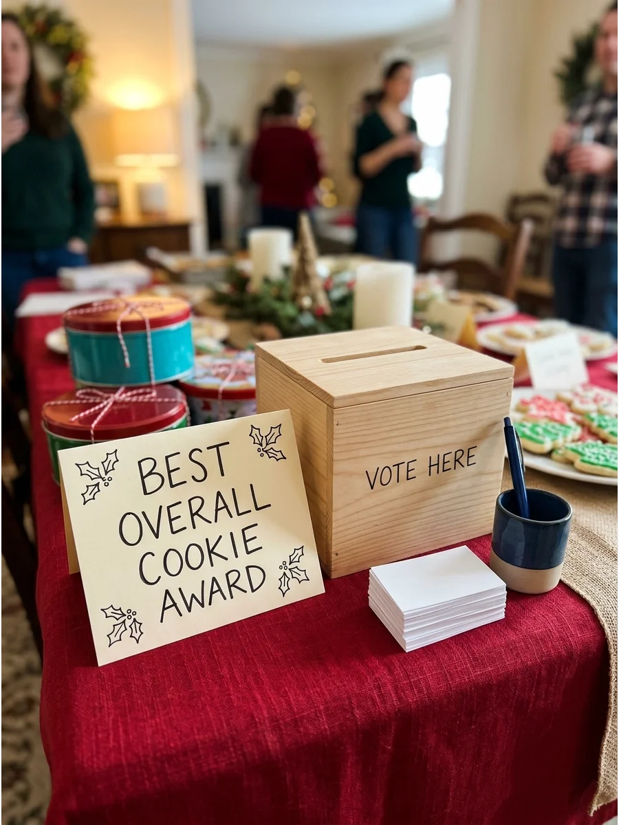 A wooden ballot box for voting on cookies at a holiday party.