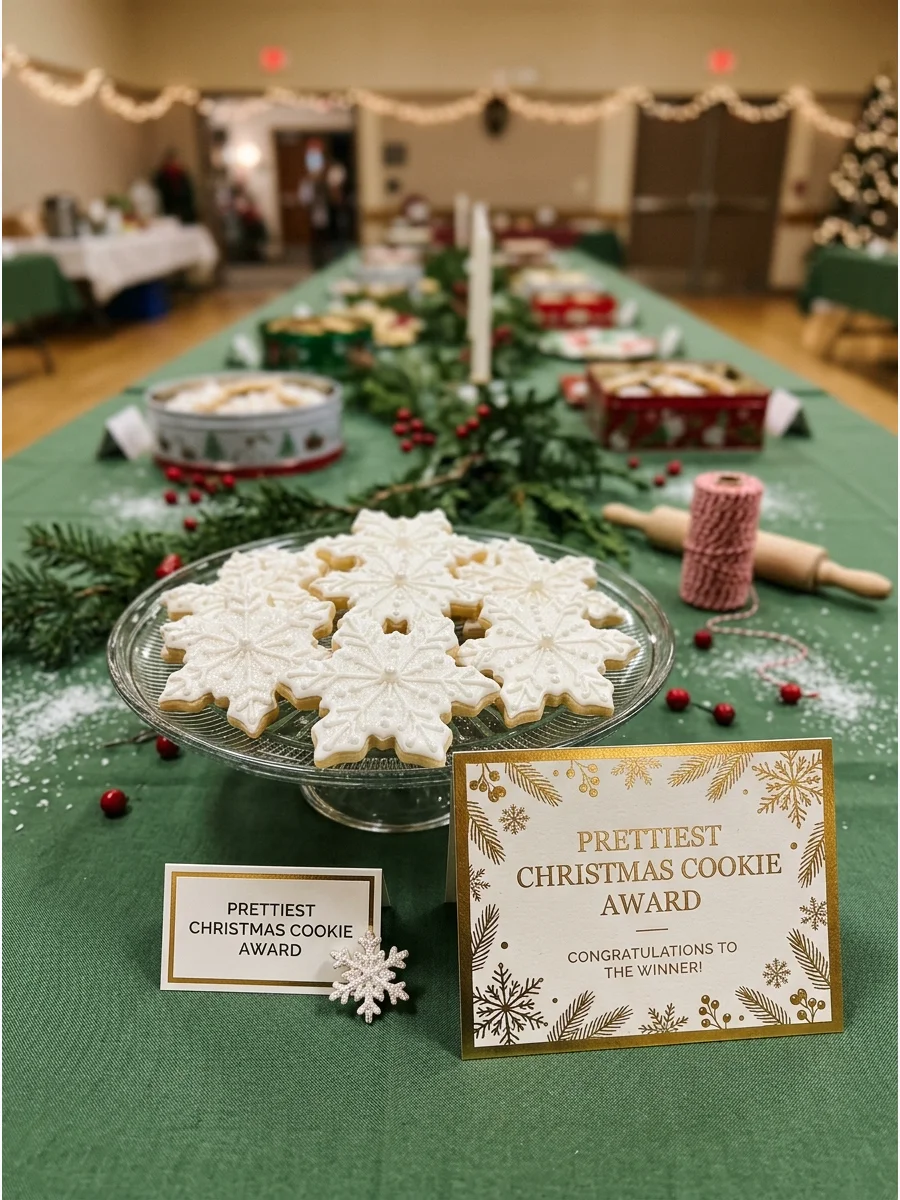 A decorative award certificate next to beautifully iced snowflake cookies.