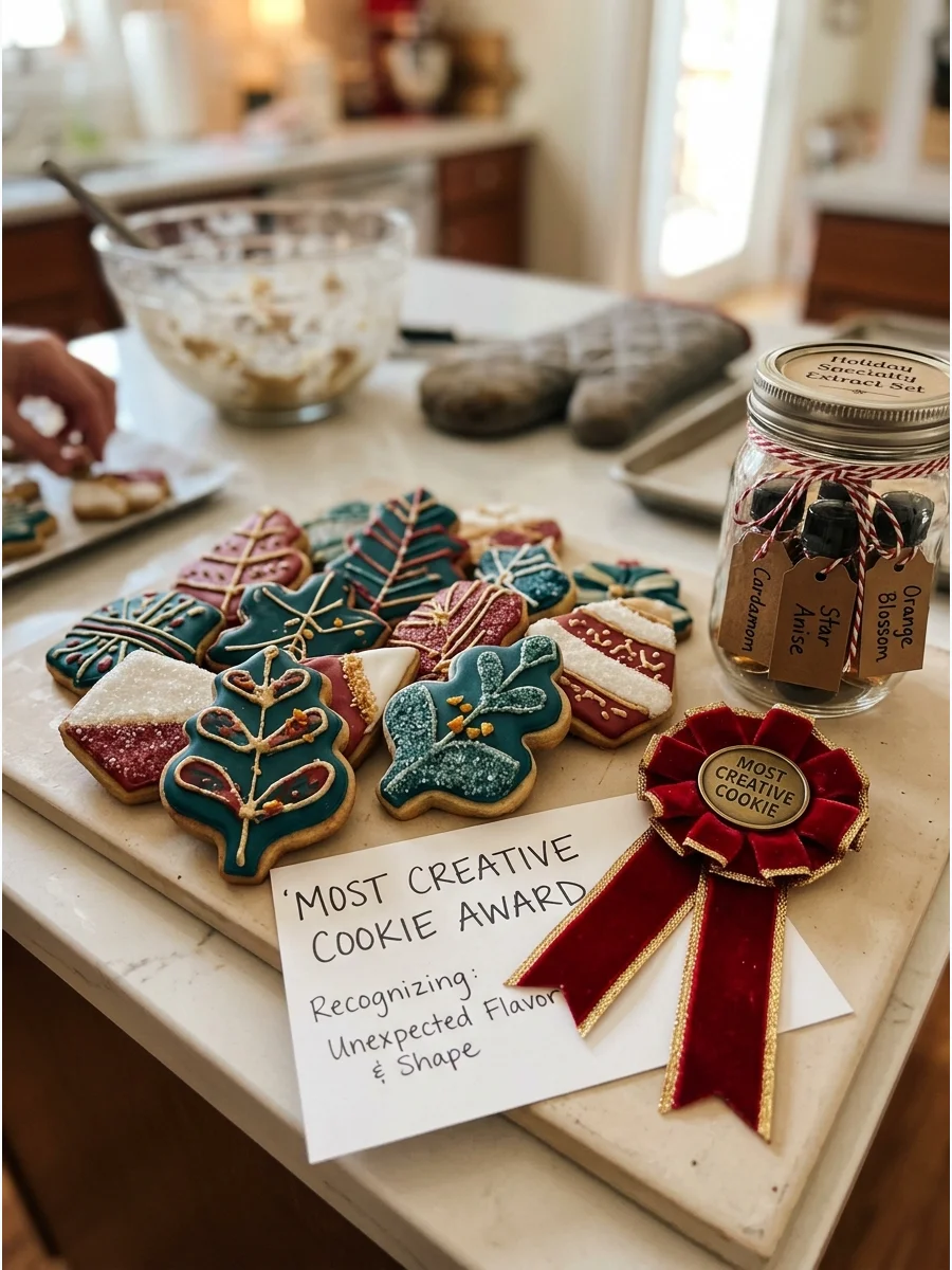 A blue award ribbon next to a plate of creative holiday cookies.