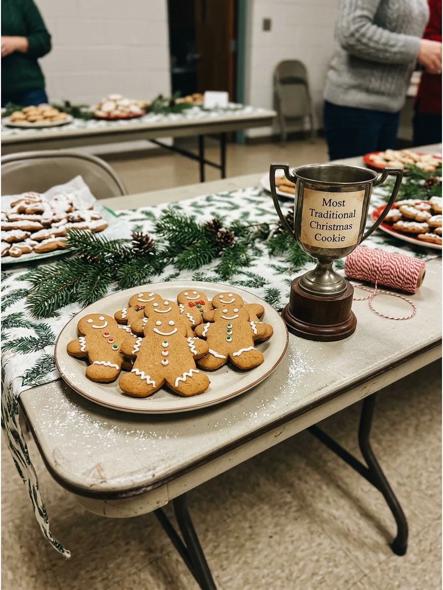 Gingerbread cookies on a plate next to a small trophy.