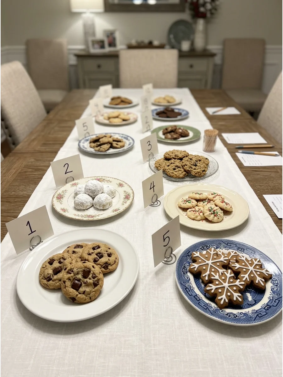 Numbered cards identifying different plates of cookies for a blind taste test.