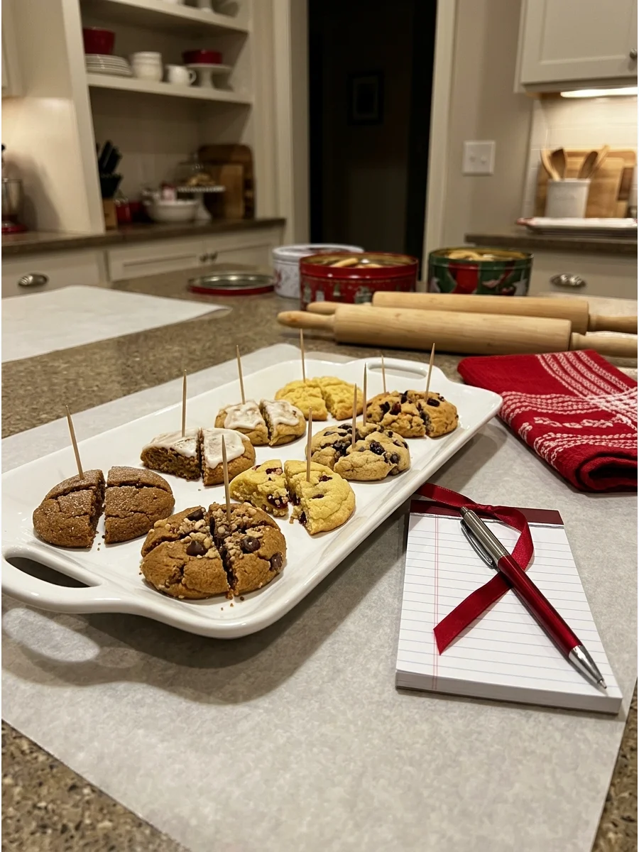 Bite-sized cookie samples with toothpicks and a notepad for a guessing game.