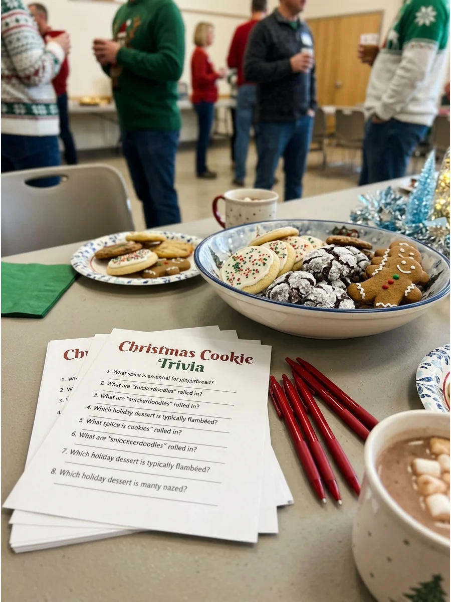 Trivia sheets and pens on a table at a holiday event.
