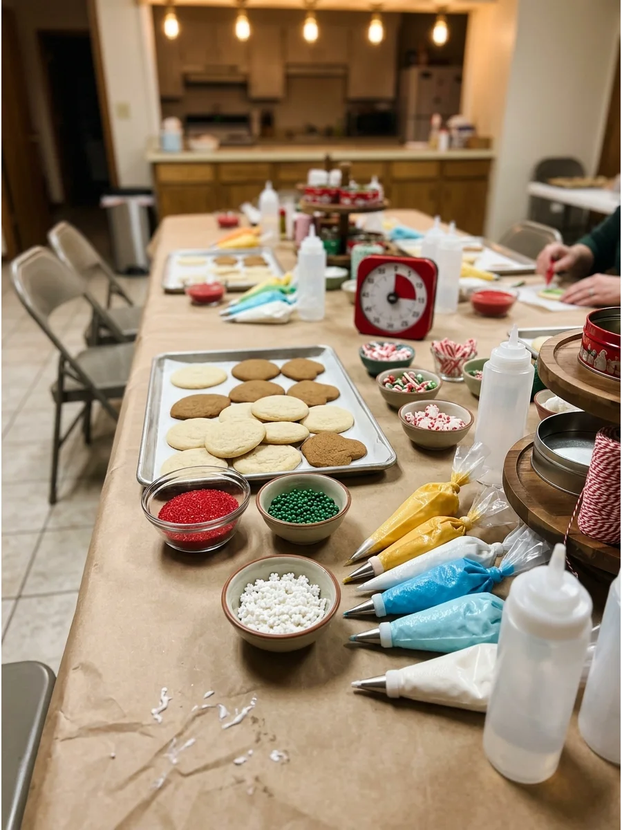 A cookie decorating station with frosting and sprinkles on a long table.
